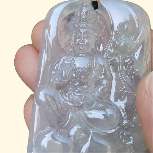 High Quality Icy Translucent Natural Type A Jadeite Jade crafted as Bodhisattva Pendant, certificate weighs 29.9 grams, measurement 64.5 * 40.3 * 5.5 mm (pendant286)