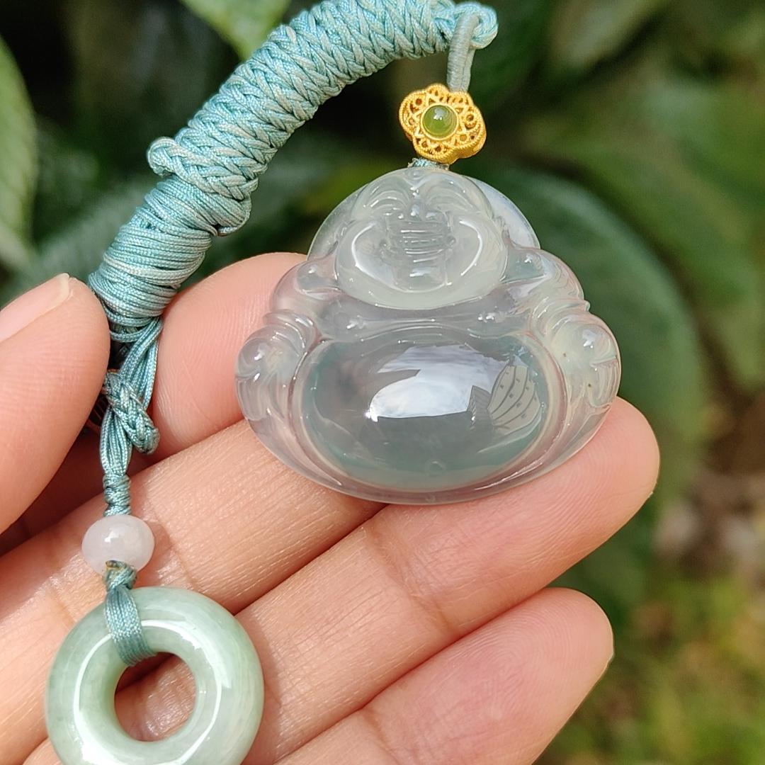 Old Pit Icy Bluish Green Natural Type A Jadeite Pendant Necklace crafted as Laughing Buddha with certificate weigh 13.48 grams, 27.7 * 31.6 * 7.2 mm (pendant162)