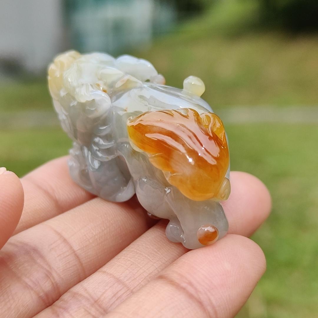 Super Rare Reddish,Yellow abd Tea Green Premium Quality Natural Type A Jadeite Jade crafted with Pixiu as Pendant with certificate weigh 34.14 grams, measurement 45.2 * 19.5 * 22.1 mm (pendant221)