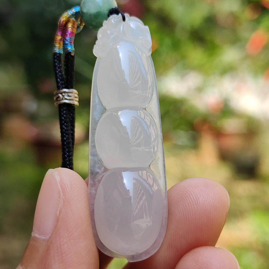 Rare Pure White Icy Translucent Natural Type A Jadeite Jade crafted with French Beans as Pendant Necklace, certificate weigh 8.4 grams, measurement 47.5 * 14.6 * 8.6 mm (pendant220)