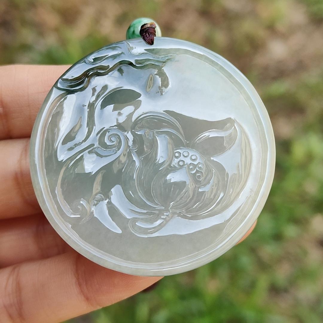 Light Green with Bluish Green Natural Type A Jadeite Pendant Necklace crafted with Guanyin Symbols of Peace, auspiciousness and longevity, certificate included weighs 36.23 grams, 45.8 * 45.8 * 9.1 mm, suitable for daily wear (pendant56)