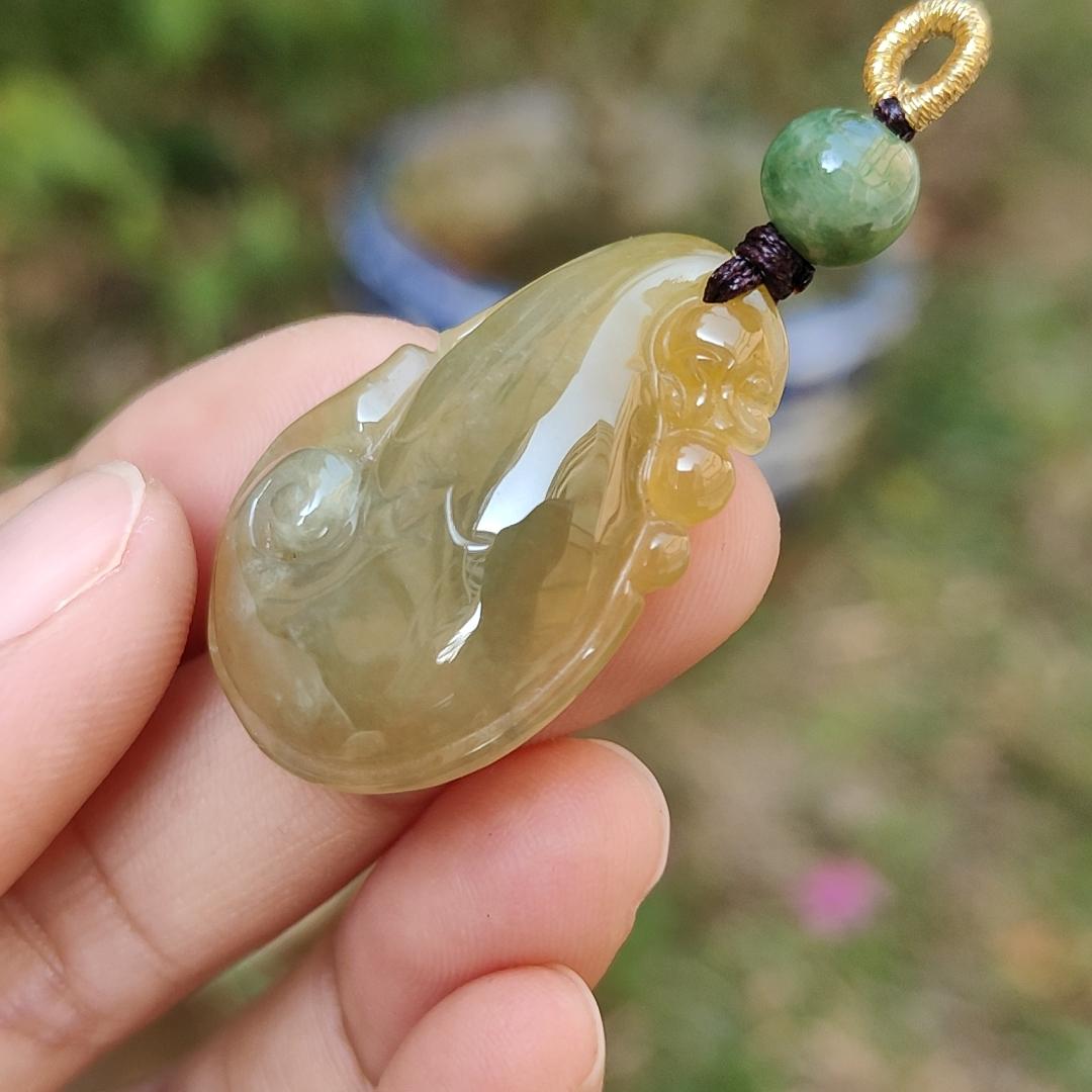 Rare Yellow Natural Type A Jadeite Jade crafted with Dragon Playing with Pearls as Pendant, certificate weigh 6.33 grams, measurement 32 * 21 * 6.5 mm (pendant217)