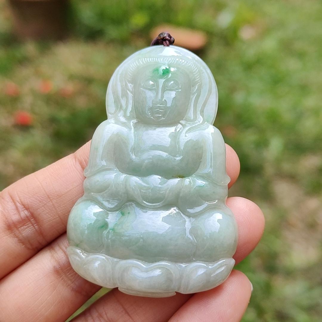 Light green with green patches Natural Type A Jadeite Jade crafted with Guanyin as Pendant with certificate weigh 17.28 grams, measurement 56.3 * 37.3 * 5.9 mm (pendant201)