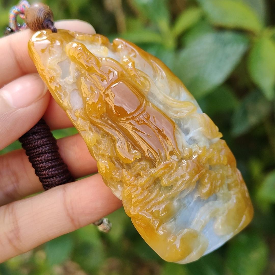 Premium Quality Yellow Natural Type A Jadeite pendant with fortune god, mountain and trees, symbolize the blessing of good fortune, eternal strength, and continuous growth, certificate weigh 77.61 g, 76.10 * 39 * 19.30 mm, symbol of prosperity (pendant81)