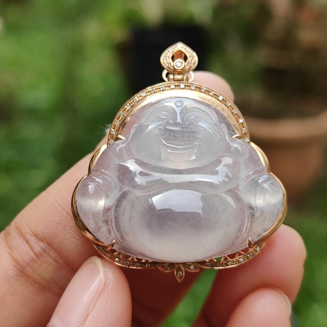 Icy Translucent Natural Type A Jadeite Jade crafted as Milo Buddha set on 18k gold with diamonds as Pendant Necklace, certificate included weigh 9.62 grams, 37.6 * 33.8 * 10.8 mm (18kp13)