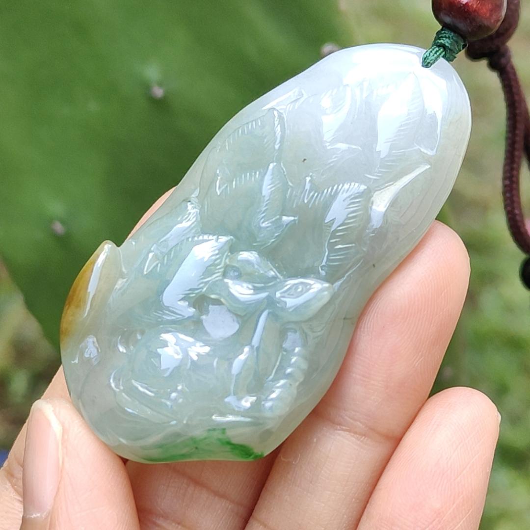 Green, Bluish Green, Brown Natural Type A Jadeite Pendant Necklace crafted as Nine Tails Fox symbols, Increase the relationship with the opposite sex and enhance personal charm plus good luck, certificate weigh 30 grams, 57 * 29.3 * 9.3 mm (pendant50)