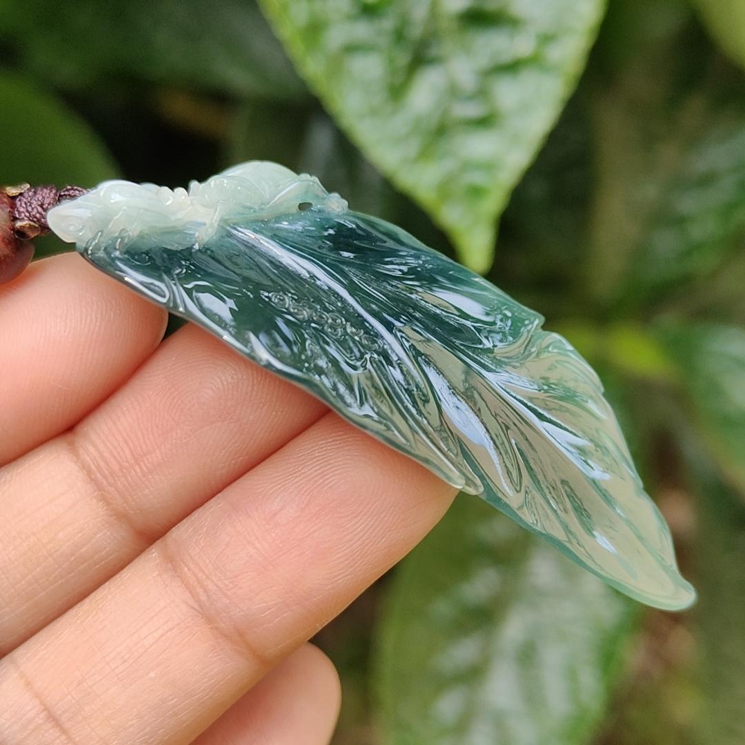 Bluish Dark Green Premium Quality Natural Type A Jadeite Pendant Necklace crafted as leaf with certificate weigh 12.98 grams, 57.7 * 24 * 8 mm, symbols of Great success and rising step by step, career is going smoothly (pendant164)