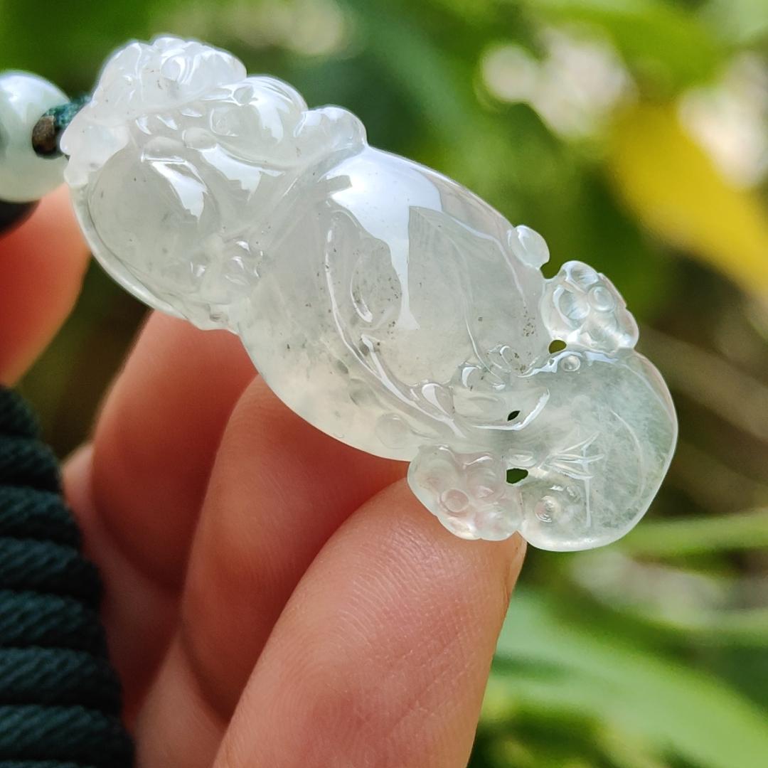 High Quality Icy Translucent Natural Type A Jadeite Jade crafted with Pixiu as Pendant, certificate weighs 6.86 grams, measurement 36.5 * 14.5 * 7.6 mm (pendant261)