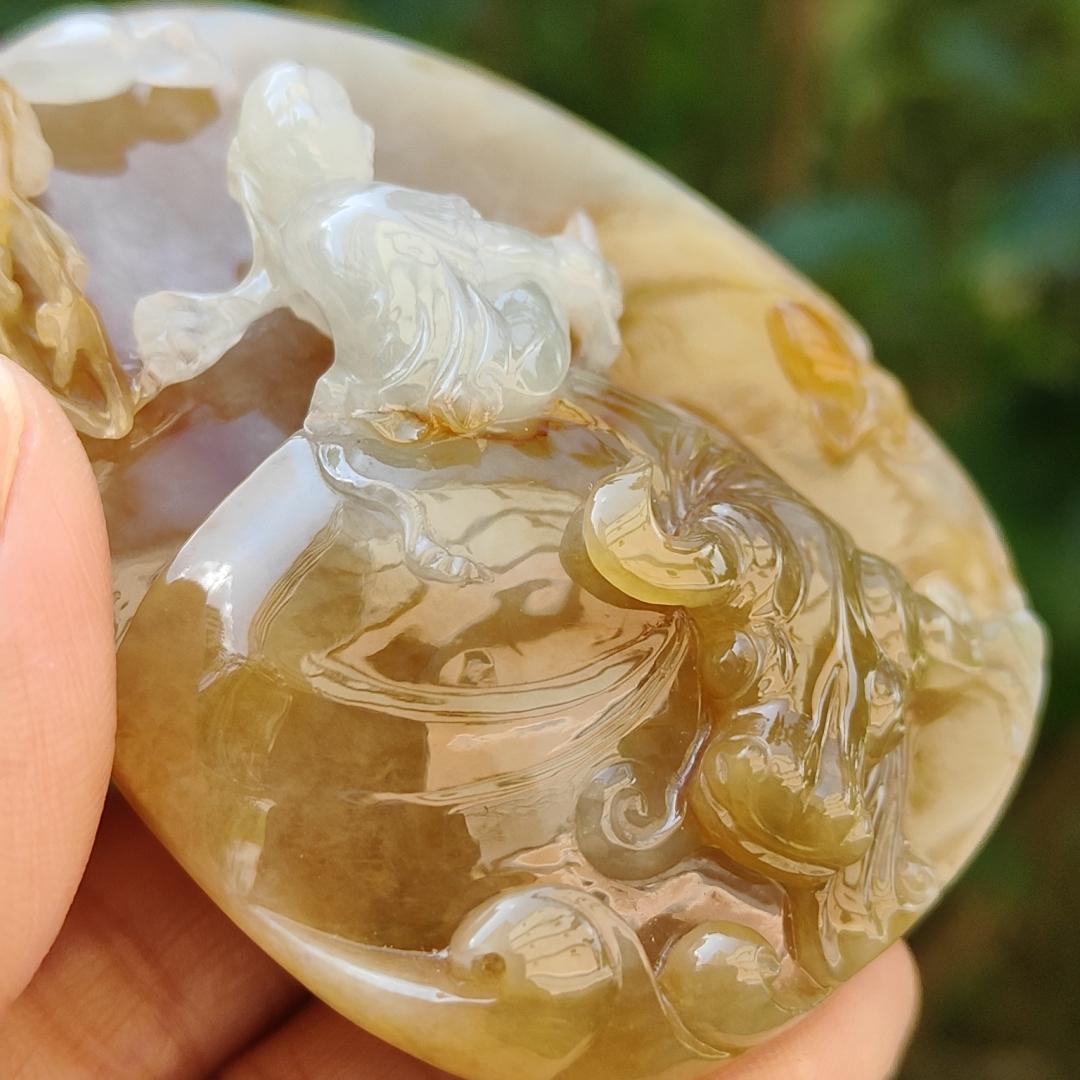 Rare Brown and White Natural Type A Jadeite Pendant carved with Laozi riding the cow with Yin and Yang, certificate included we ighs 68.76 grams, 69.10 * 48.70 * 17.20 mm, the collector's edition or daily wear (pendant94)