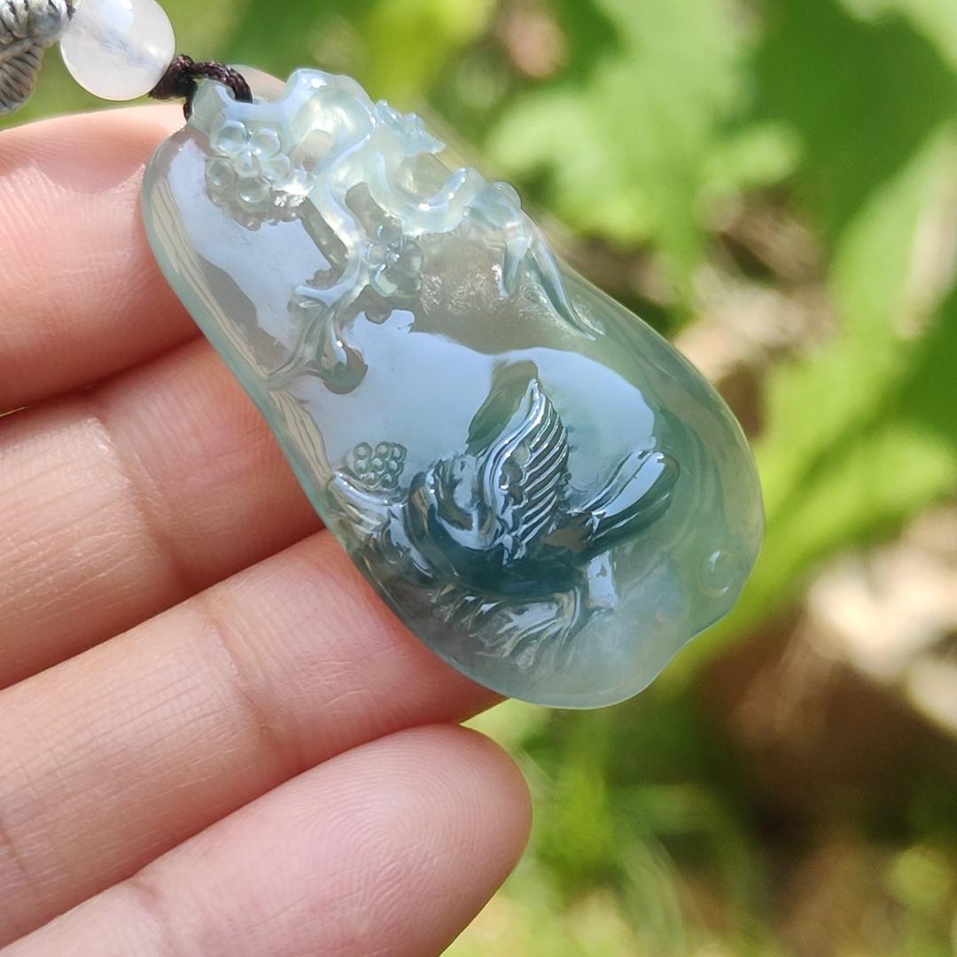 High Premium Quality Icy Green Natural Type A Jadeite Jade Pendant Necklace crafted with bird, flower and tree trunk, certificate included weigh 11.70 grams, measurement 40 * 23 * 6.3 mm (pendant187)