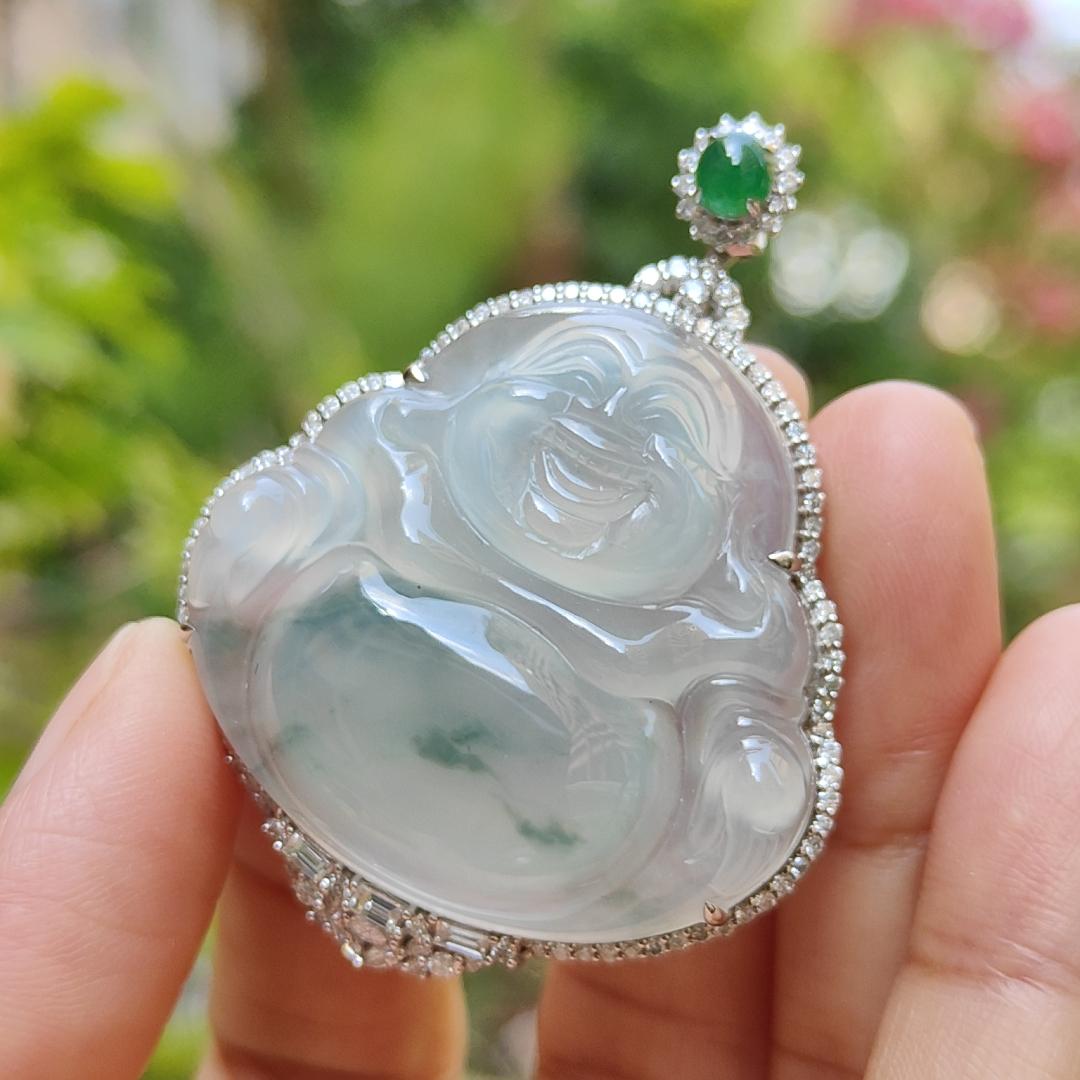 18k Gold pendant Setting with diamonds, 1 small green cabochon and floating flower cloud highly translucent Natural Type A jadeite with NGI Gemstone report weight 15.49 grams, 33.47 * 36.01 * 6.65 mm , 18k gold tested x-ray fluorescence method (18kp4)