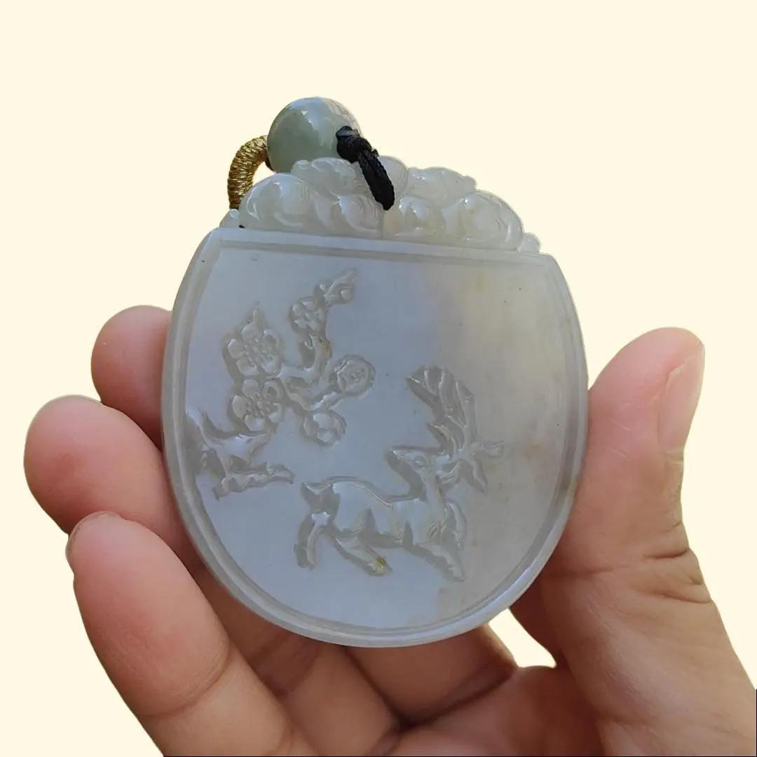 Crafted with Plum Blossoms and Deer Natural Type A Jadeite Pendant Necklace with certificate included weigh 34.14 grams, 54.3 * 47.5 * 5.6 mm,symbols of Good fortune, beauty and happiness (pendant105)