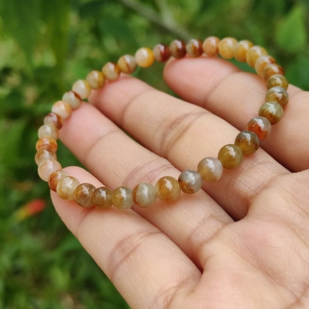 Elegant and Good Quality 5.3mm Icy Yellow, Red, Brown Natural Type A Jadeite Jade 36 Beads Bracelet with QIC labs approved certificate weigh 8.76 grams (bracelet13)