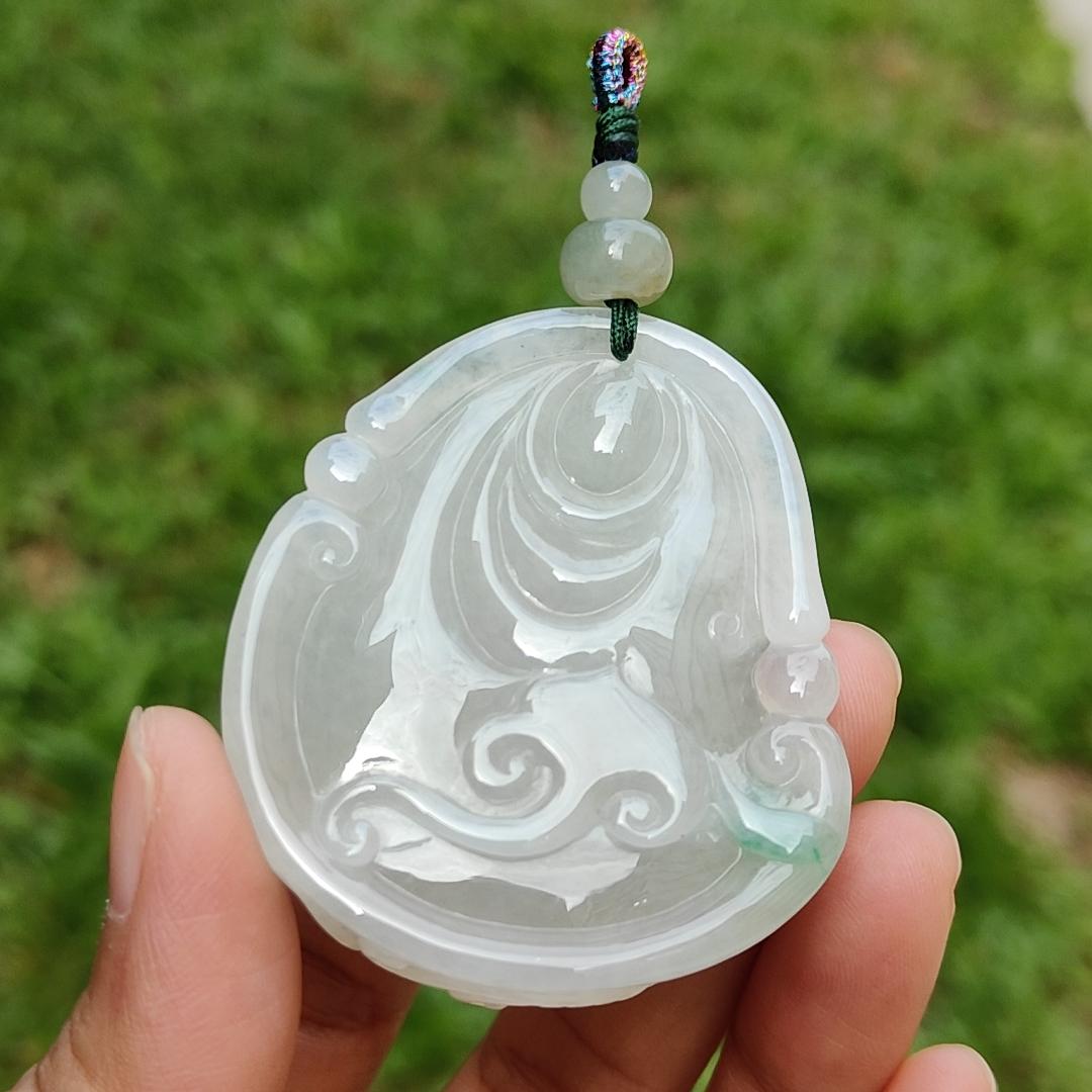 Crafted with Budai Laughing Buddha, Elephant and Ruyi Premium Semi Icy Natural Type A Jadeite with green patches Pendant Necklace with certificate weigh 45.38 grams, 50.5 * 44 * 12.3 mm (pendant160)