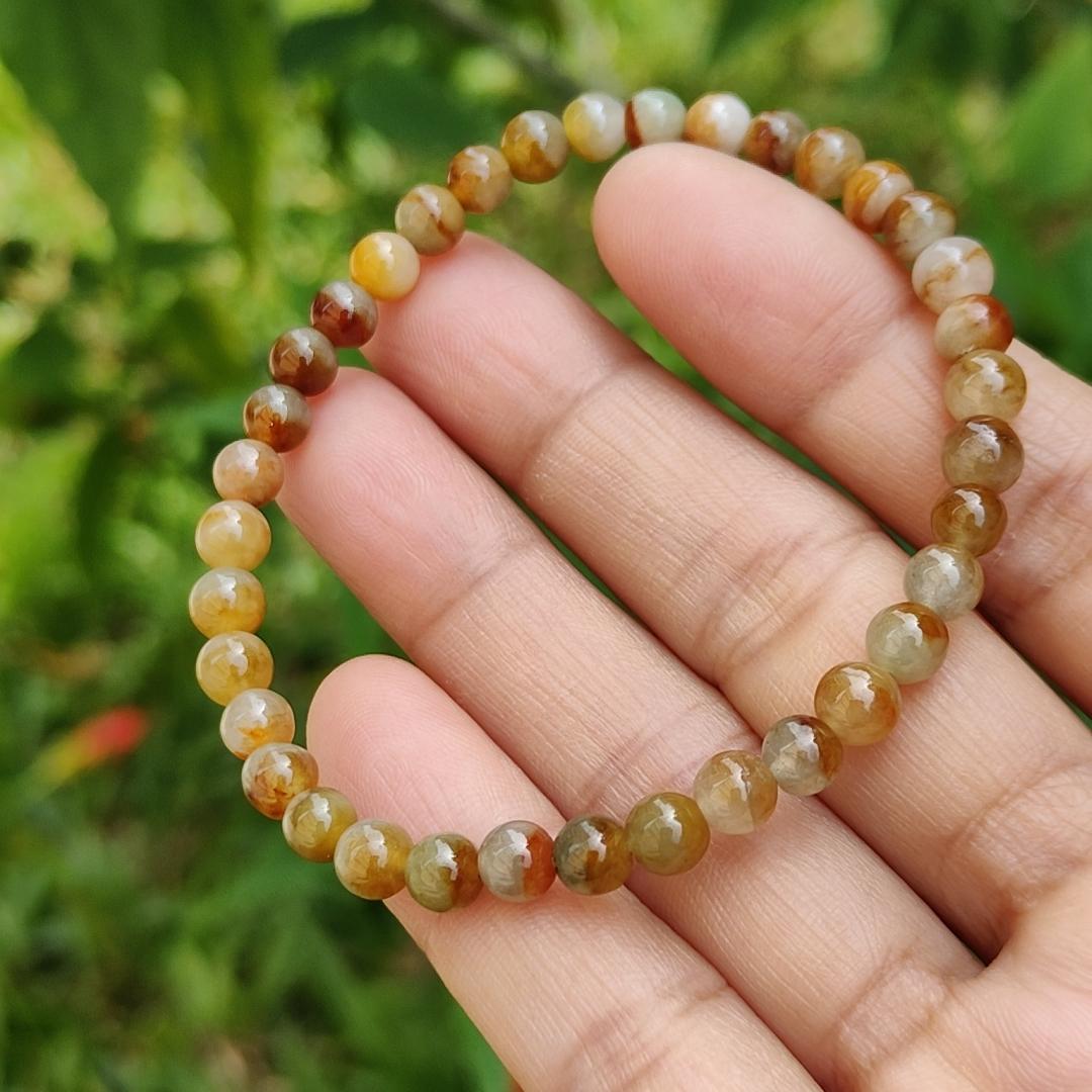 Elegant and Good Quality 5.3mm Icy Yellow, Red, Brown Natural Type A Jadeite Jade 36 Beads Bracelet with QIC labs approved certificate weigh 8.76 grams (bracelet13)