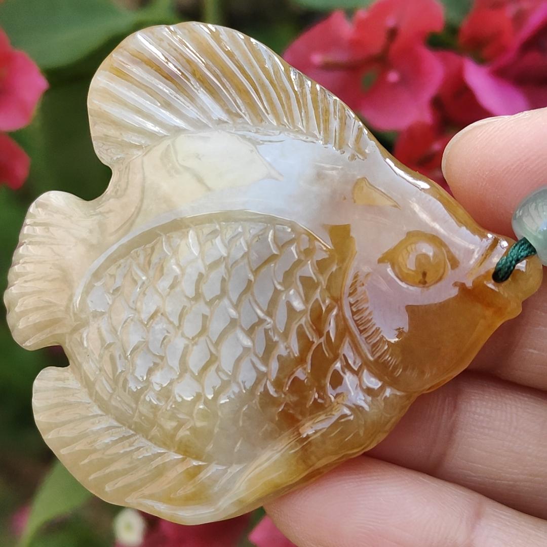 Yellow Natural Type A Jadeite Pendant carved as Fish with certificate weigh 28.33 grams, 55 * 50.2 * 7 mm, meaning Many sons and many blessings, full of children and grandchildren and Life is harmonious and smooth,free from worries and sorrows (pendant77)