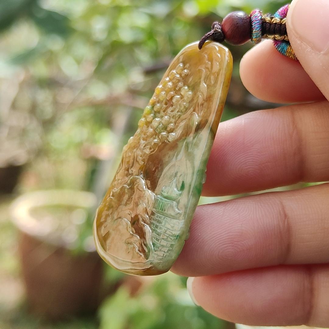 Rare quality Yellow with reddish brown and green Natural Type A Jadeite Jade crafted with sceneries as pendant, certificate weigh 11.38 grams, measurement 45.6 * 24.3 * 5.2 mm (pendant216)