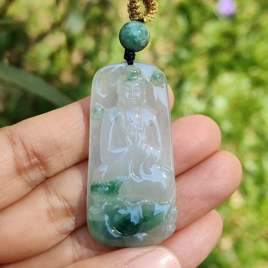 Icy Good Translucency with Green Natural Type A Jadeite Pendant Necklace crafted with Buddha and Lotus, certificate included weigh 13.2 grams, 46.2 * 22.5 * 6.3 mm