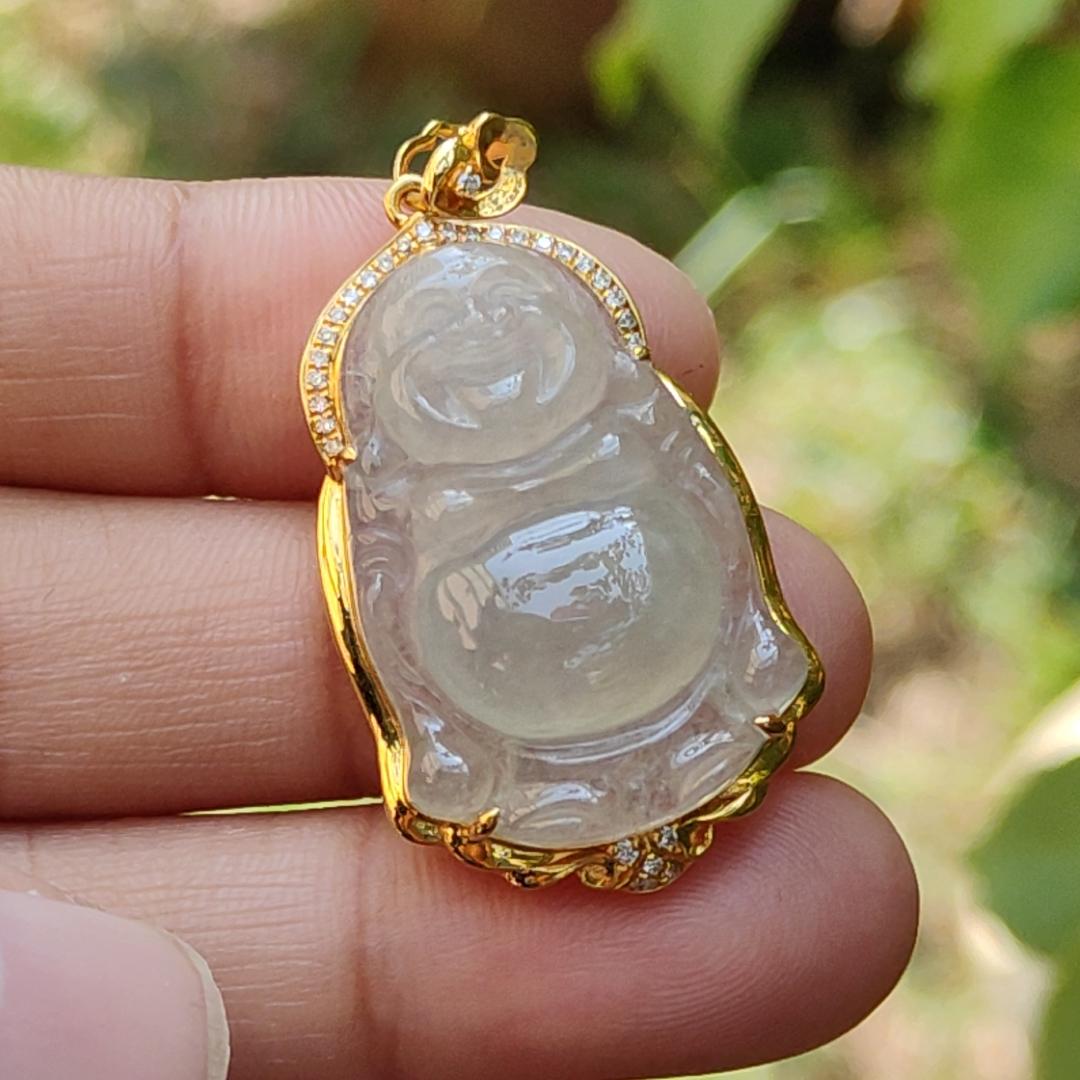 Premium Icy Translucent Natural Type A Jadeite Jade crafted as Standing Milo Buddha set on 18k gold with diamonds as Pendant, certificate included weigh 6.56 grams, measurement 37.5 * 19.7 * 9 mm (18kp27)