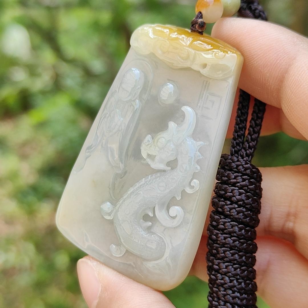 Rare Yellow and white Glutinous Natural Type A Jadeite Pendant Necklace crafted with faceless buddha and dragon olc school style with certificate weigh 37.61 grams, 51 * 33.2 * 10 mm (pendant101)