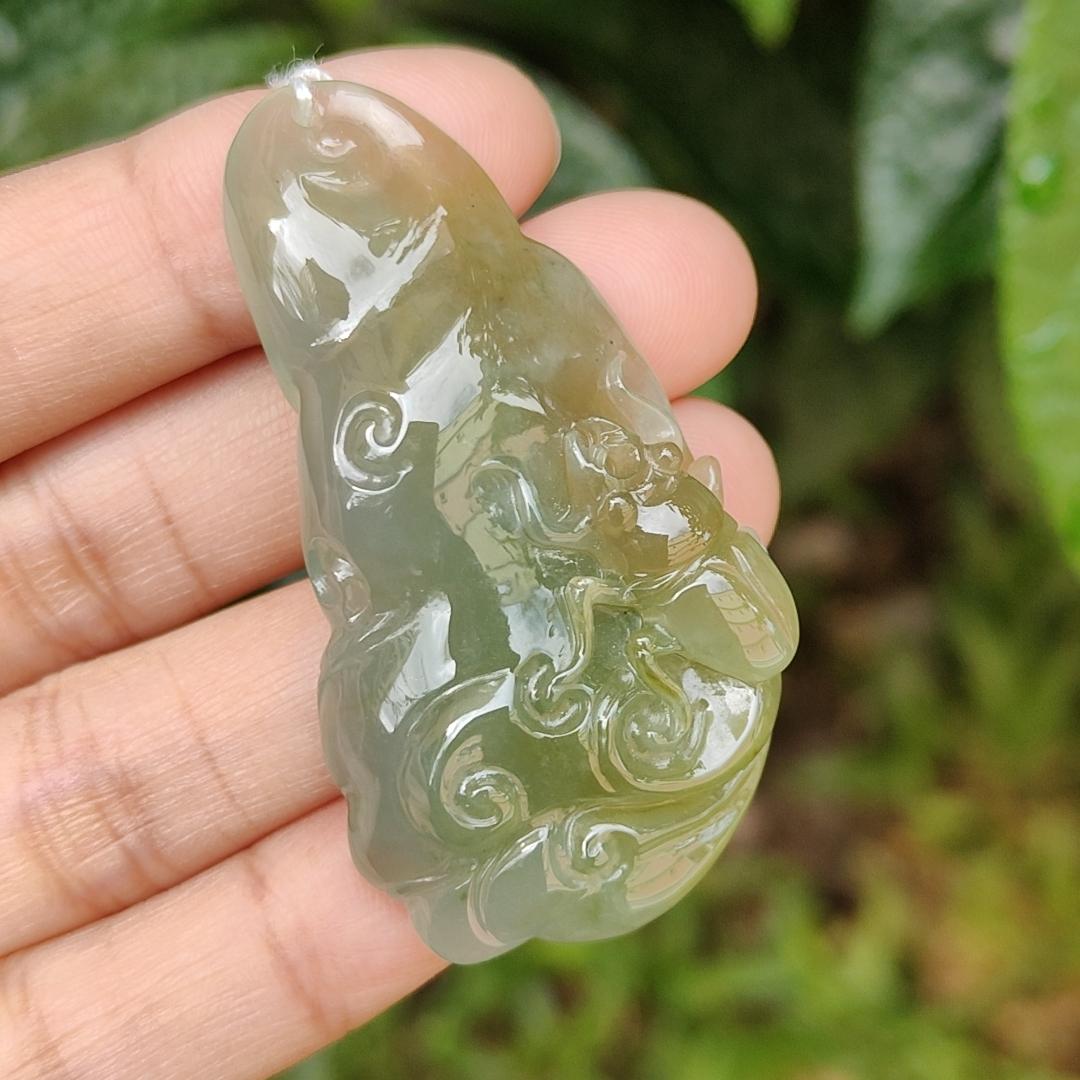 Green and Yellow Natural Type A Jadeite Pendant Necklace Crafted with Ruyi and Beetle, certificate included weigh 23.25 grams, 52.3 * 29 * 9.9 mm, symbols of A steady flow of wealth, protection from danger, safety and health (pendant163)