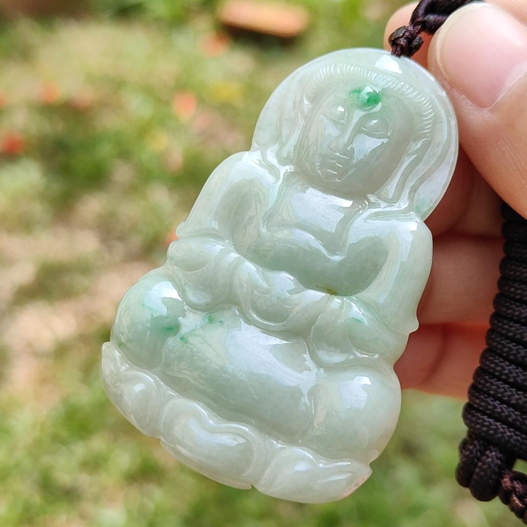 Light green with green patches Natural Type A Jadeite Jade crafted with Guanyin as Pendant with certificate weigh 17.28 grams, measurement 56.3 * 37.3 * 5.9 mm (pendant201)