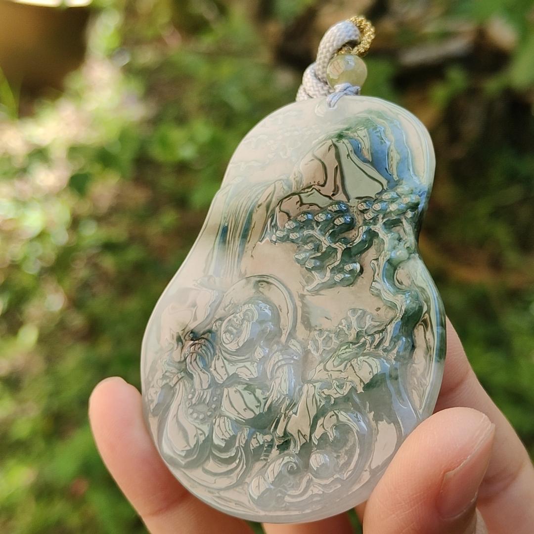 Premium Rare Semi Icy Natural Type A Jadeite crafted with Scenery and Laughing Buddha, certificate included weigh 51.59 grams, 71.8 * 53.1 * 7.5 mm, collector item, (pendant51),