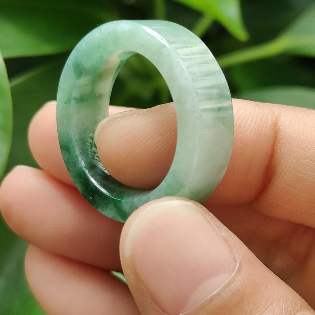 High Quality Green,Green Patches Natural Type A Jadeite Jade crafted as Ring, finger size 19.1mm, QIC approved labs certificate weighs 7.68 grams, measurement 7.7 * 4.4 mm (ring8)