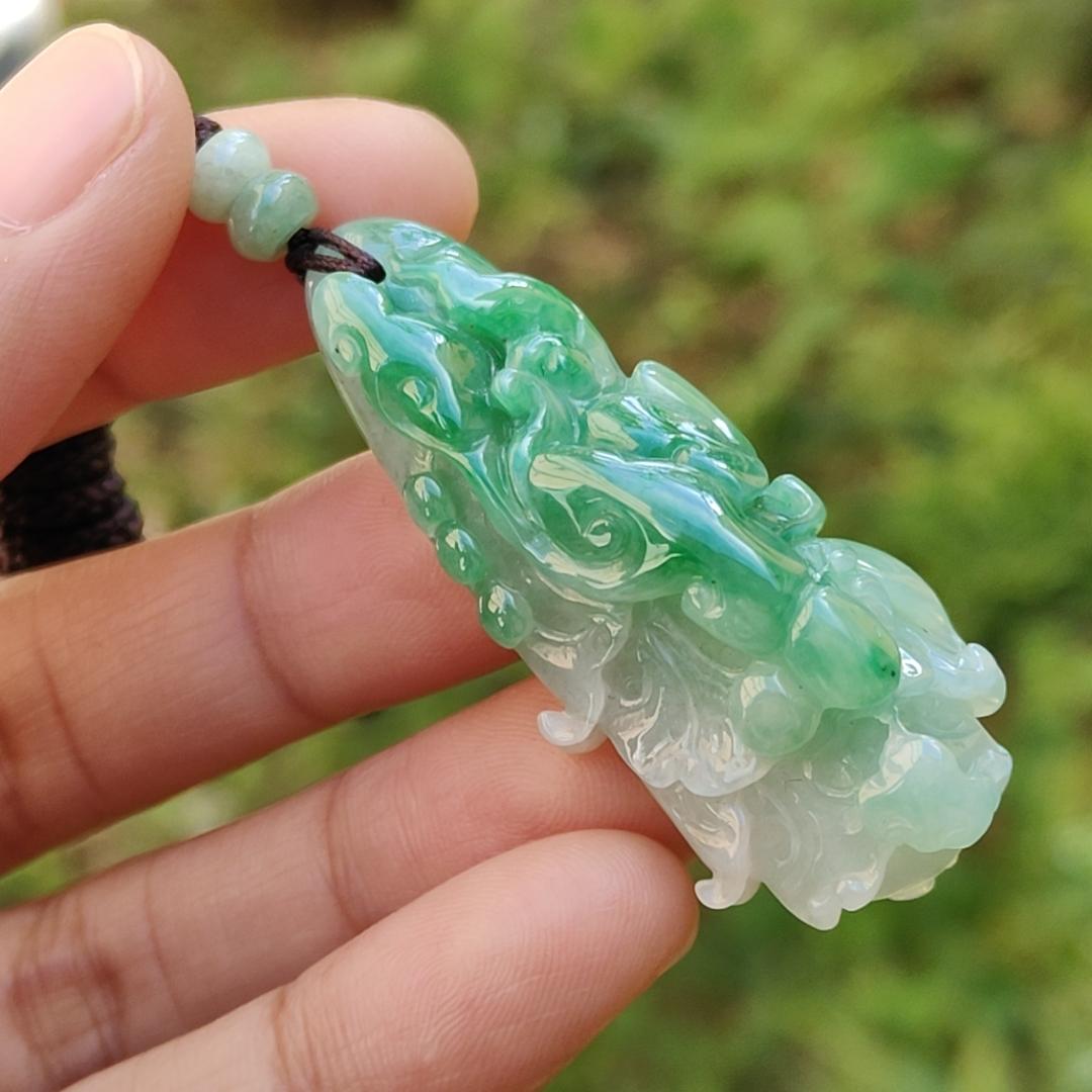 Lots Of Green on this Natural Type A Jadeite Pendant Necklace Crafted as Chinese Cabbage with Ruyi, Symbols of Wealth rolling in, good luck and prosperity, certificate included weigh 15.27 grams, 47.9 * 19.6 * 14.8 mm, (pendant30)