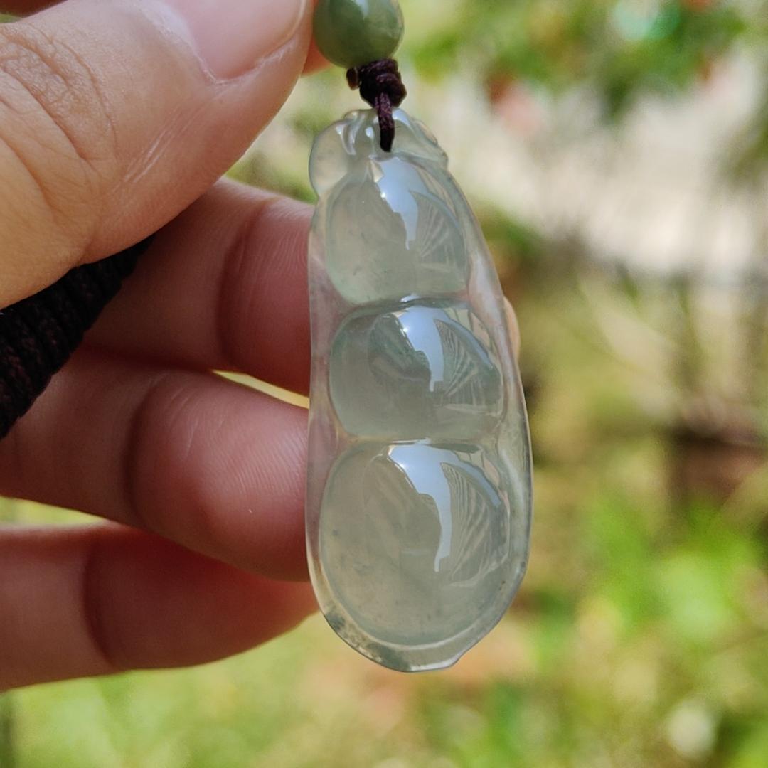 Premium Icy Translucent Green Hue Natural Type A Jadeite Jade crafted with French Beans as Pendant, symbols of Beauty, harmony, harvest and happiness, certificate weigh 7.44 grams, measurement 41.3 * 16.2 * 6.9 mm (pendant219)