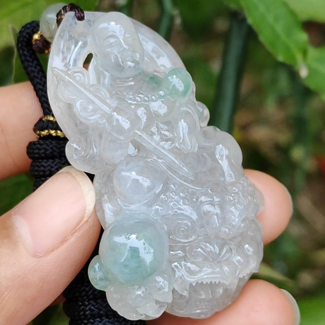 Icy Variety with Glossy Good crafted as Translucency Ksitigarbha Bodhisattva Pendant Necklace with green patches, a Natural Type A Jadeite with certificate included weigh 31.44 grams, 53.3 * 33.2 * 12.3 mm, good for collection or daily wear