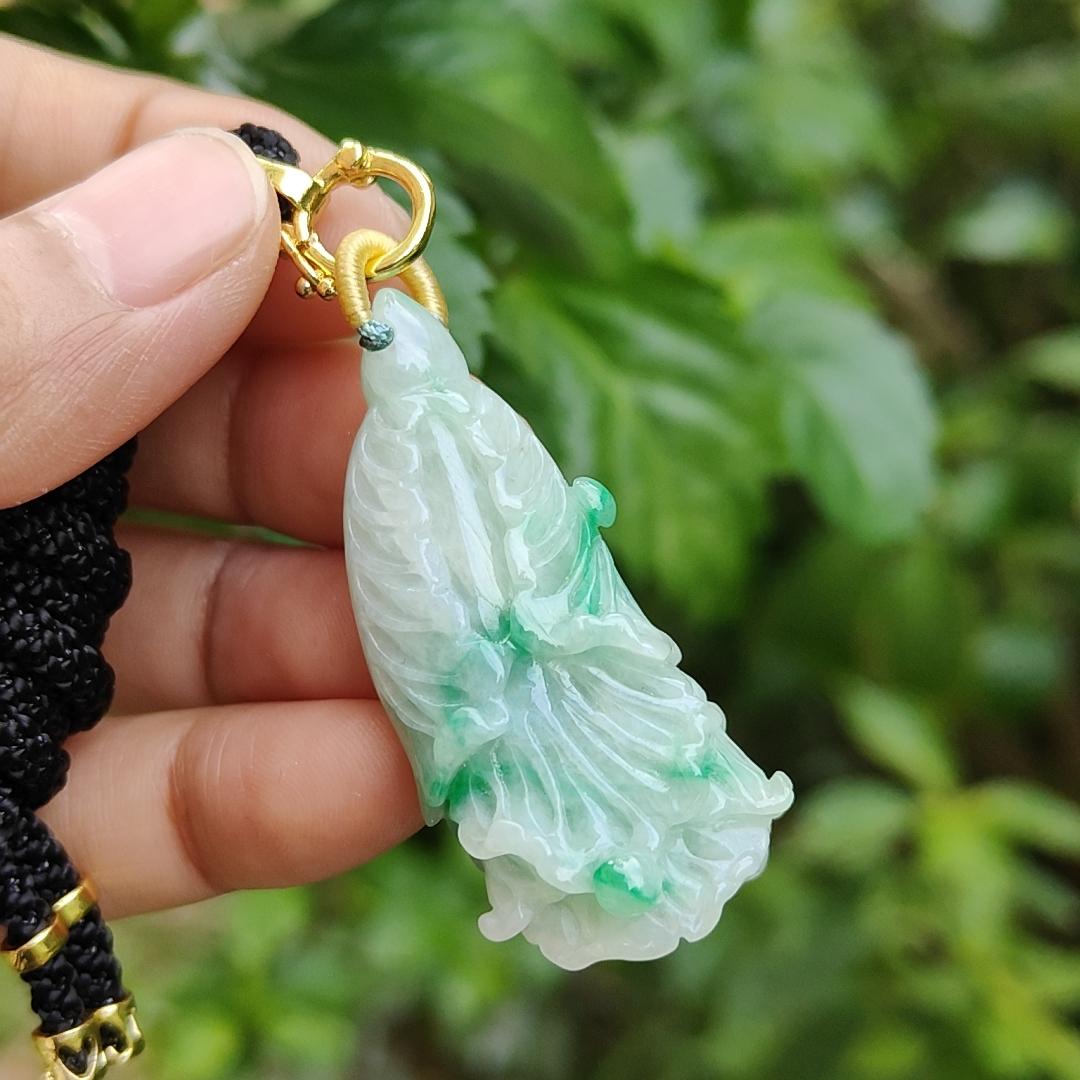 Rare Translucent Near White with Green Patches Natural Type A Jadeite pendant with NGI Gemstone report weight 72.19 grams, 44.87 * 20.83 * 14.52 mm carved as cabbage, with Gravity at 3.33 fine grain crystal aggregate suitable for daily wear (pendant127)