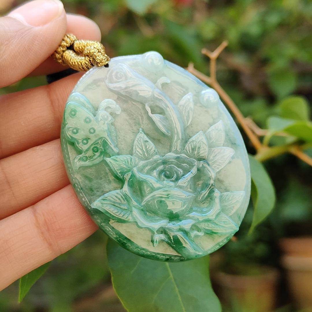 Green with green patches Natural Type A Jadeite Pendant carved with Butterfly and flowers represents Sweet Love with happy marriage, wealthy with flowers blooming and mutual love, certificate weigh 26.02 g, 49.3 * 40.6 * 6.8 mm (pendant84)