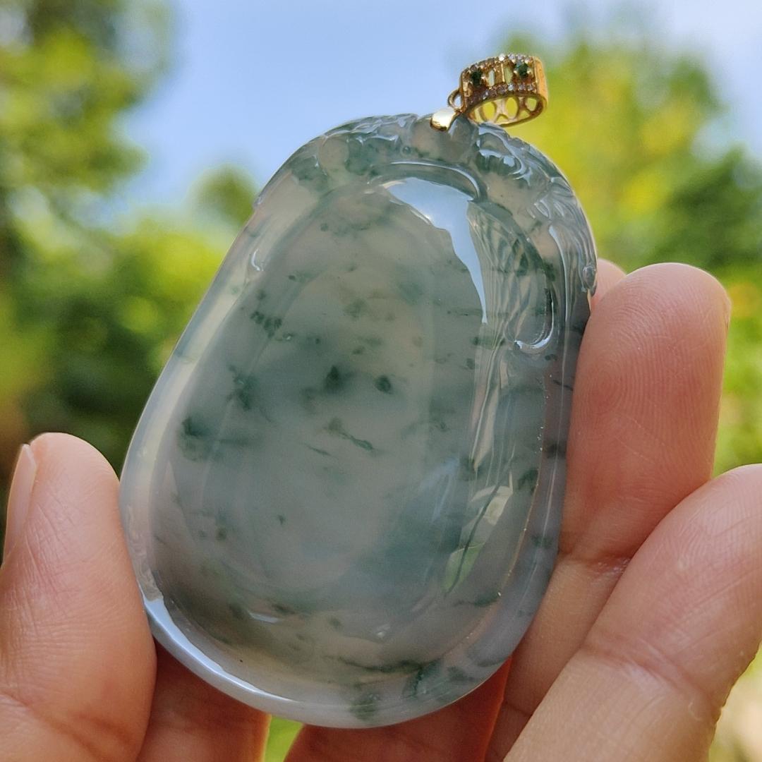 Double Dragon Floating Green Flower clouds 18k gold Natural Type A Jadeite pendant  with NGI Gemstone report carved as wu shi pai weight 34.82 grams , 53.06 * 38.86 * 9.37 mm , Translucent Very Fine Grain with patches of bluish green (18kp3)