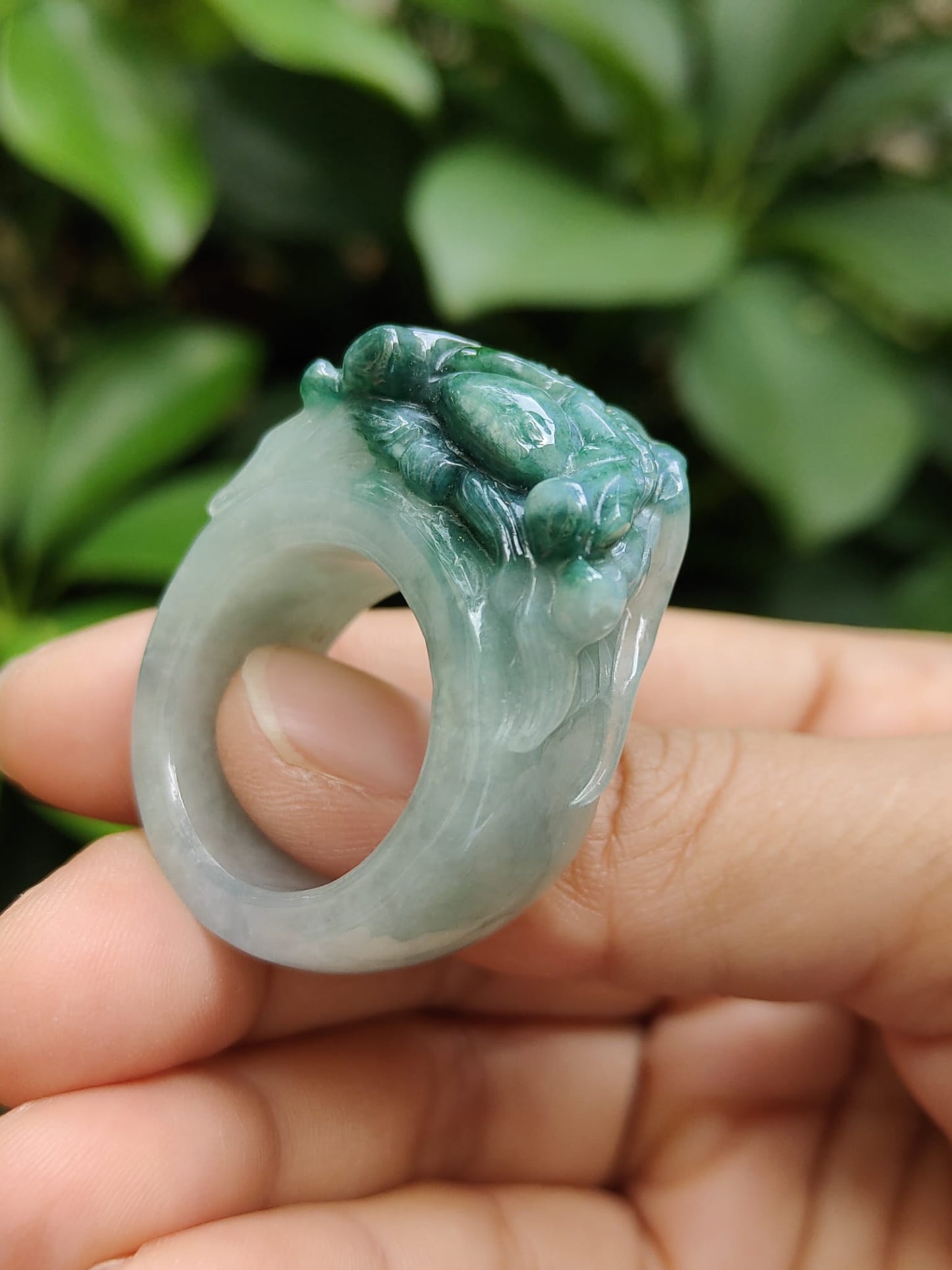 #Sold - Green with Green Hue Natural Type A Jadeite Jade crafted as Ring with Dragon, finger ring size 20.9 mm, certificate weighs 25.31 grams(ring9)