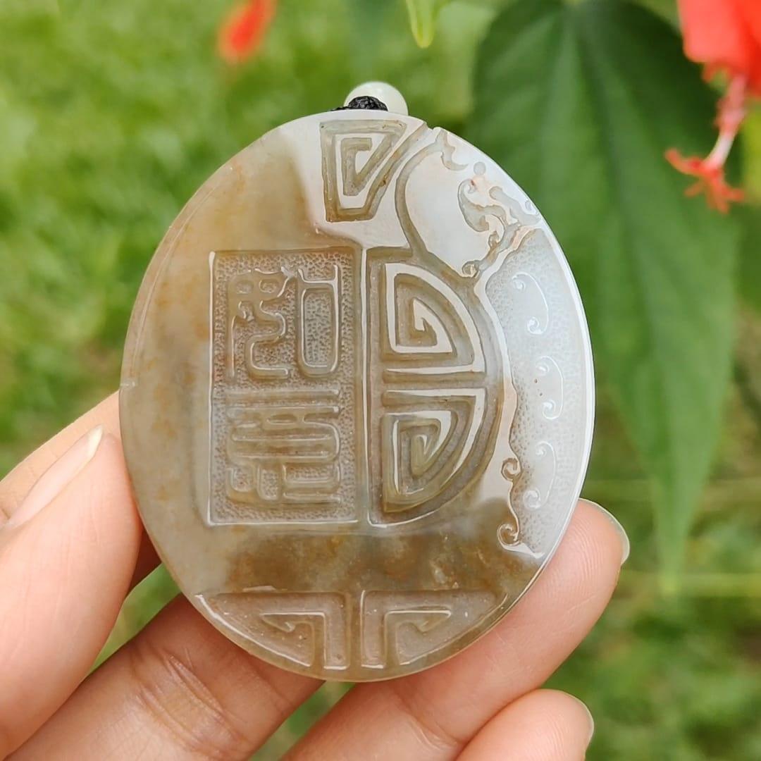 Stunning Rare Brown with Red and White Antique-style Pendant Necklace, Natural Type A Jadeite with certificate included weigh 33.71 grams, 51.3 * 42 * 6.7 mm, engrave with chinese word ruyi means As one wishes,  for daily wear (pendant27)