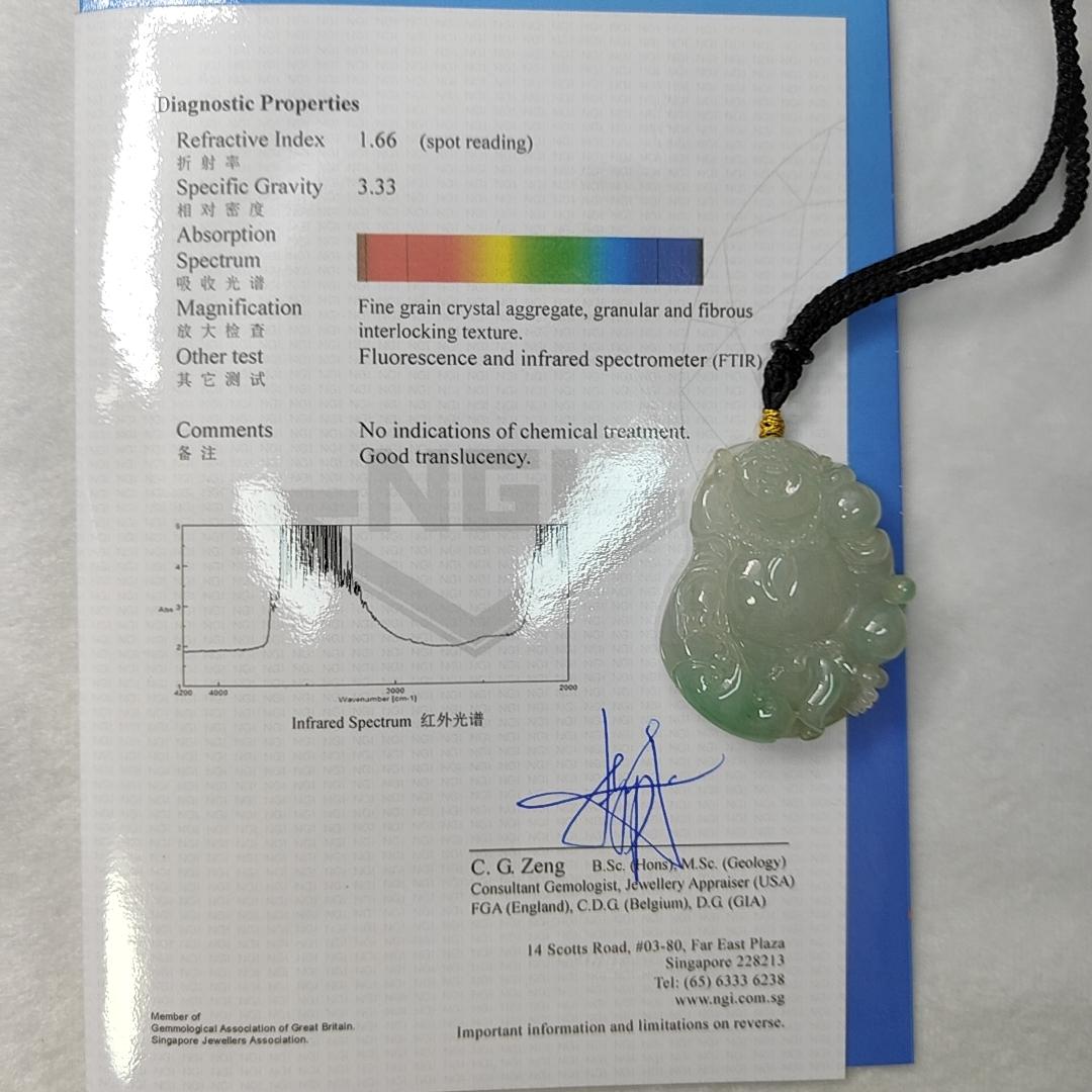 Natural Type A Jadeite Jewellery Pendant carved as Milo Buddha with Ruyi with Gemstone report from NGI weighs at 218.34 grams , 53.35 * 42.19 * 12.02 mm , Translucent with faint to light green with good translucency premium quality pendant (pendant156)