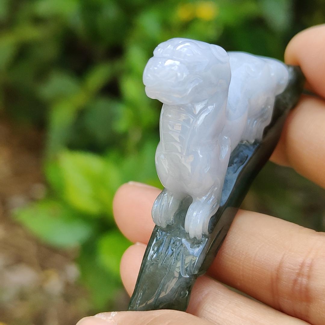 Lavender and Green Natural Type A Jadeite Handheld Piece crafted with Pixiu meaning rich, happiness and good luck with certificate weight 29.97 grams, 61.30 * 10.70 * 34.60 mm, also suitable for display anywhere at home, car or office (hand1)