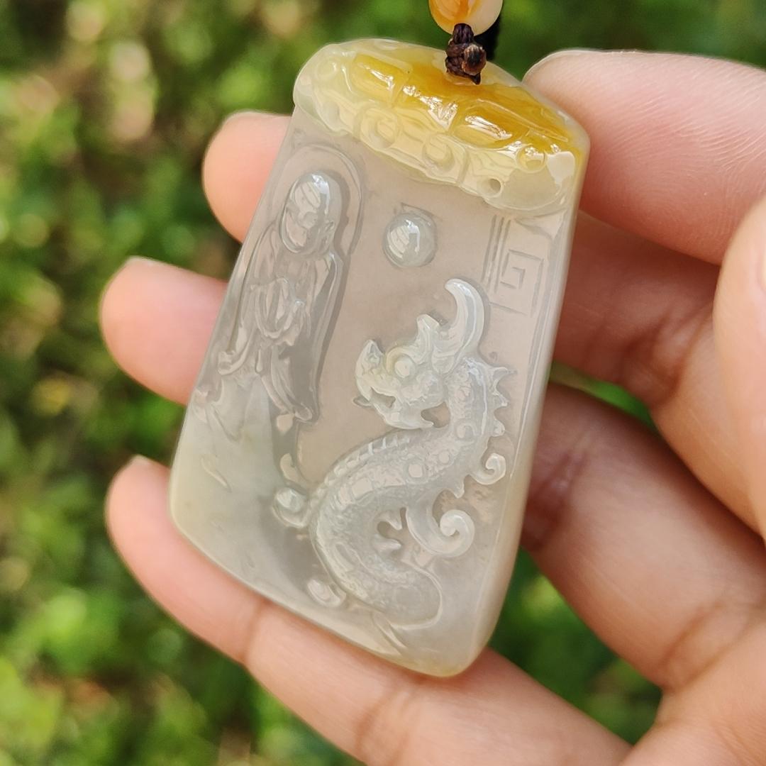 Rare Yellow and white Glutinous Natural Type A Jadeite Pendant Necklace crafted with faceless buddha and dragon olc school style with certificate weigh 37.61 grams, 51 * 33.2 * 10 mm (pendant101)