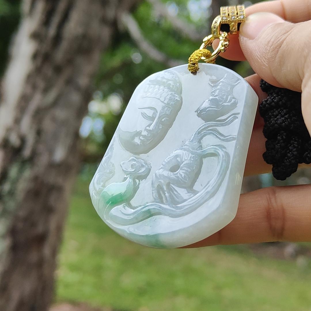 Natural Type A Jadeite with NGI Certification - Buddha and The monkey god - Pendant - [54.78mm * 45.83mm * 8.20mm] Premium (pendant157)