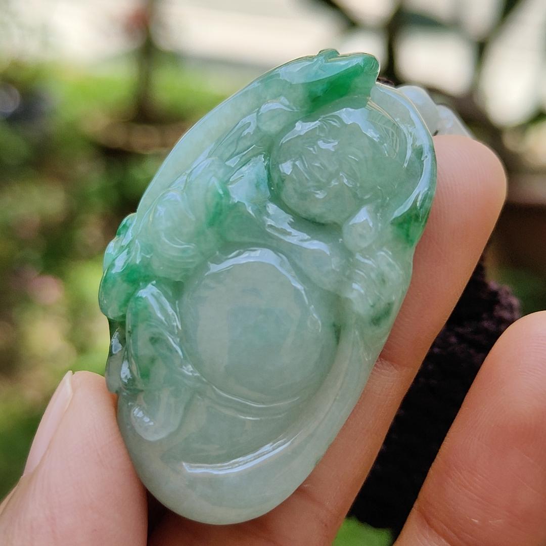 Rare High Quality Light Green and Green Natural Type A Jadeite Jade crafted with Milo Buddha as Pendant, certificate weighs 28.04 grams, measurement 46.3 * 30.3 * 13.9 mm (pendant285)