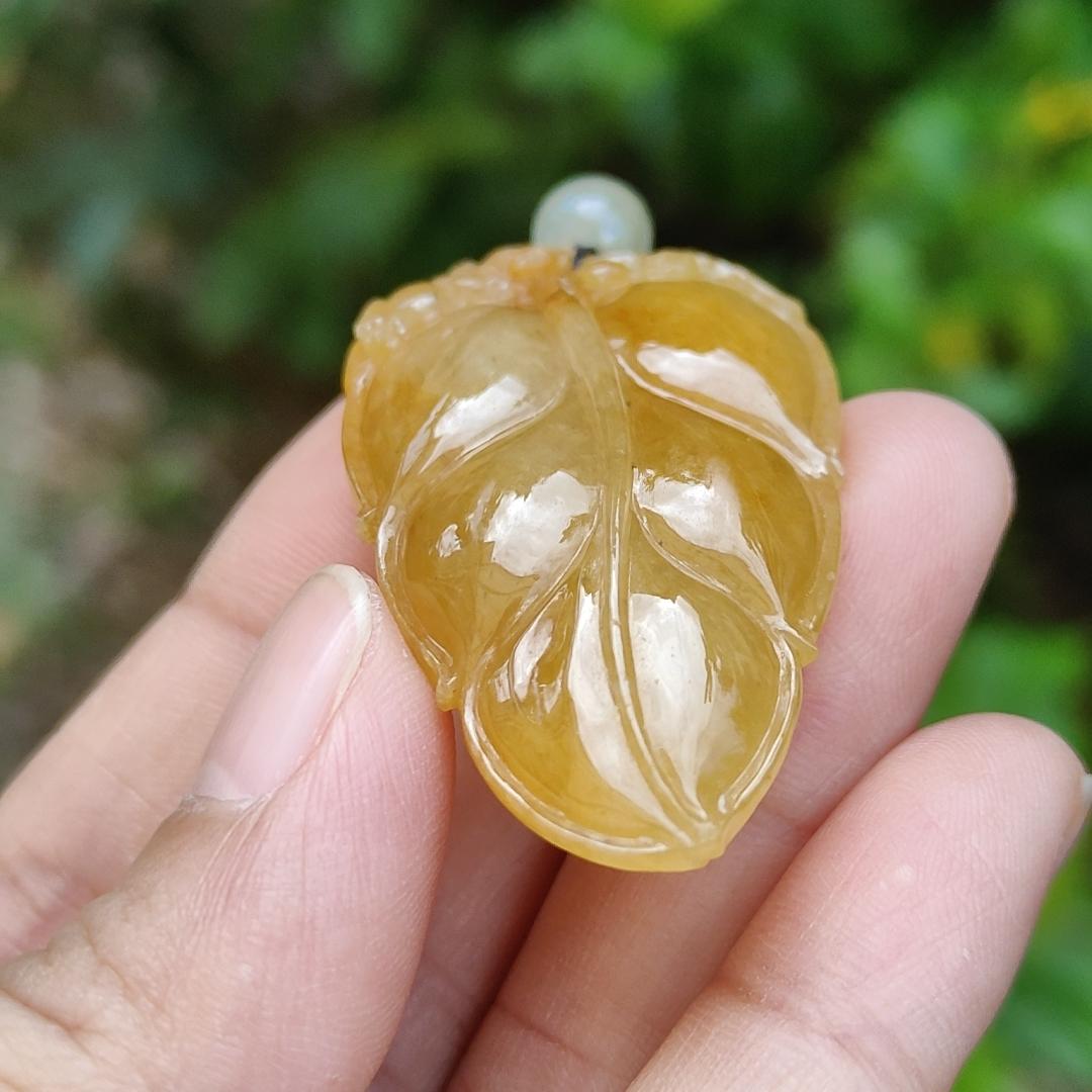 Very fine and old full Yellow Natural Type A Jadeite Pendant carved as a leave and a Mythical Beast on it with certificate weight 16.02 grams, 44 * 26 * 10 mm meaning Good luck and auspiciousness (pendant107)