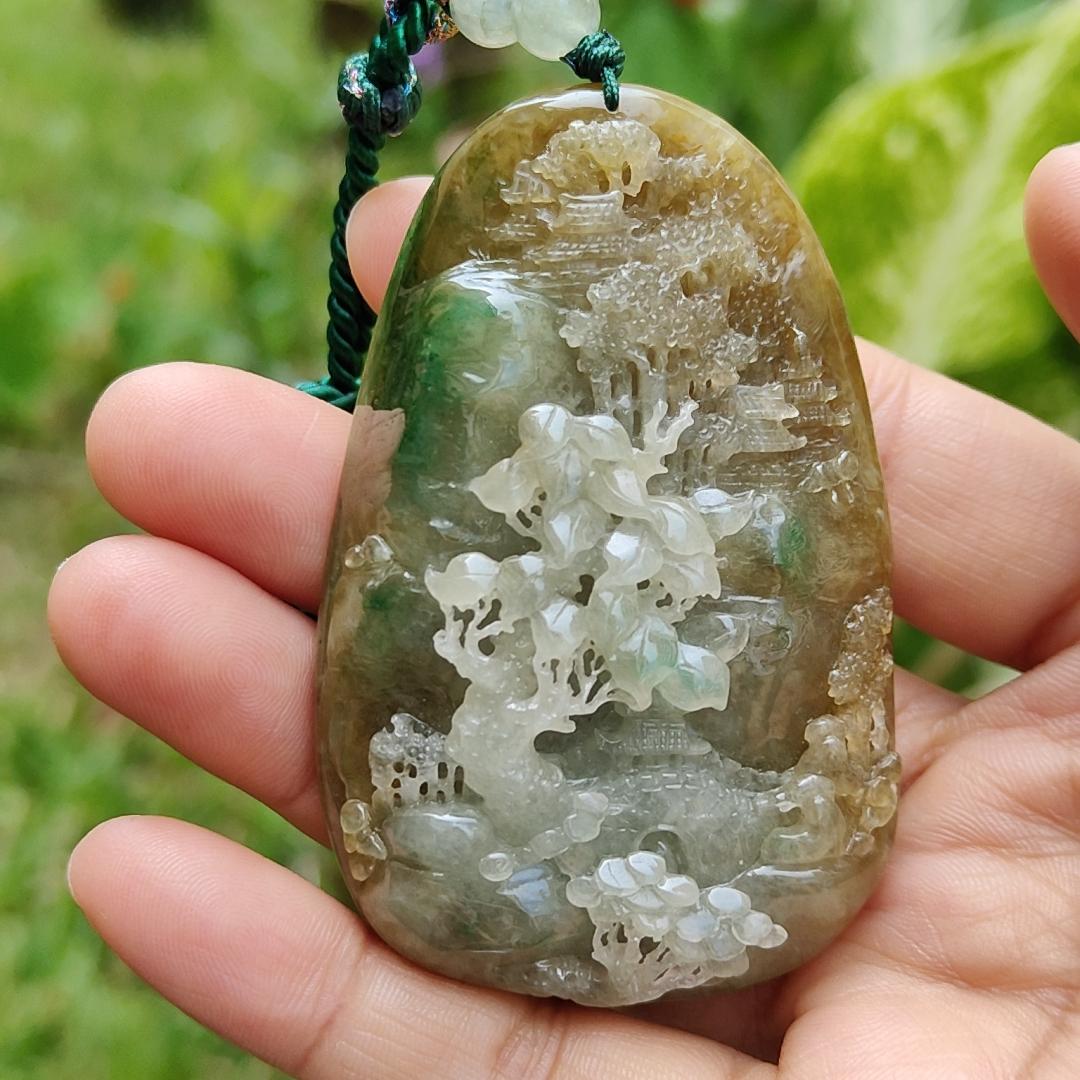 Hugh, Rare, High-Quality Brown with Light Green Natural Type A Jadeite Jade crafted with Sceneries as Pendant, certificate weighs 67.2 * 43.3 * 19.3 mm (pendant266)