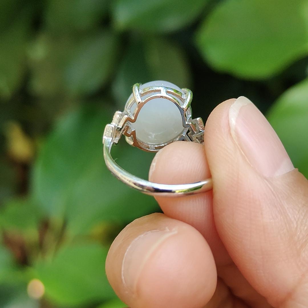 High Quality Semi Icy Cabochon with good Translucency Natural Type A Jadeite Jade set with S925 as adjustable Ring, certificate weighs 2.75 grams, measurement 12.9 * 11 * 4.8 (s925ring15)