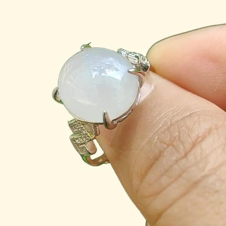 High Quality Semi Icy Cabochon with good Translucency Natural Type A Jadeite Jade set with S925 as adjustable Ring, certificate weighs 2.75 grams, measurement 12.9 * 11 * 4.8 (s925ring15)