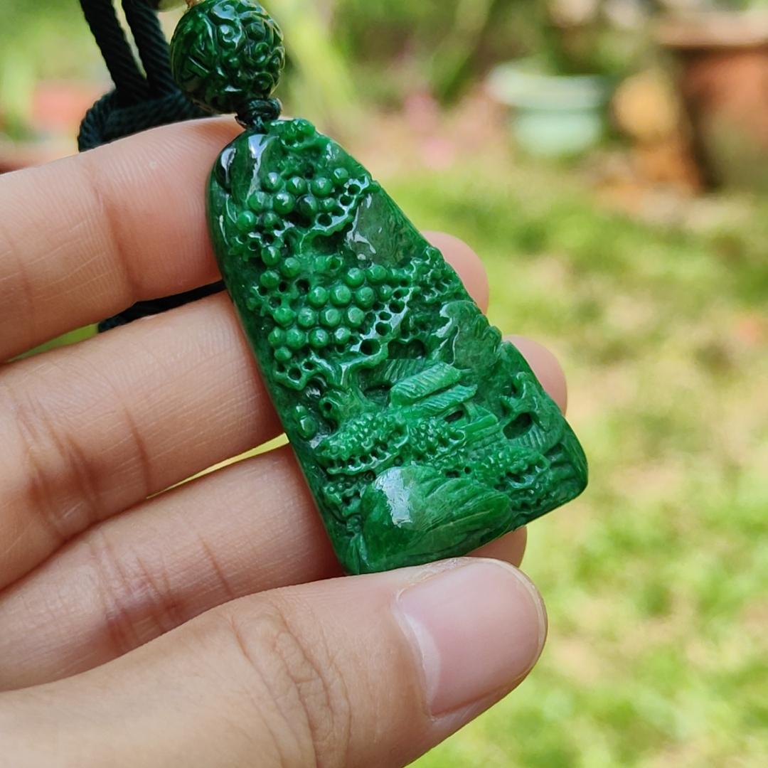 Dark Green Natural Type A Jadeite carved with scenery pendant with NGI Gemstone report weight 19.21 grams , 43.10 * 25.36 * 7.50 mm , Semi Translucent to opaque fine grain crystal aggregate - Good for daily wear pendant (pendant152)