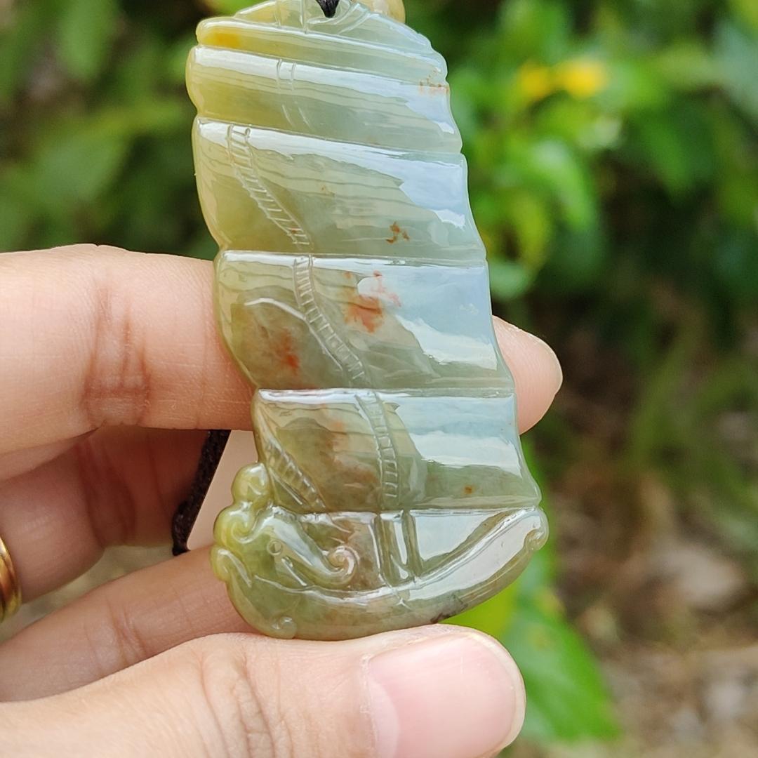 Floating Red and Tea Yellow Natural Type A Jadeite Pendant crafted as Sailboat meaning Smooth sailing in everything, persistence and courage, with certificate weight 18.88 grams, 58.50 * 30.80 * 6.20 mm (pendant109)