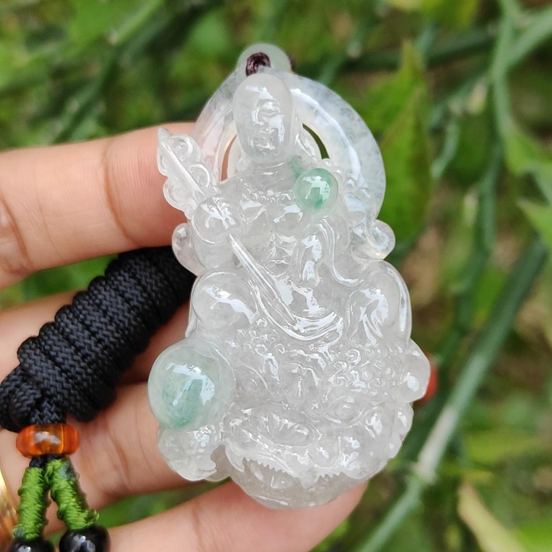 Icy Variety with Glossy Good crafted as Translucency Ksitigarbha Bodhisattva Pendant Necklace with green patches, a Natural Type A Jadeite with certificate included weigh 31.44 grams, 53.3 * 33.2 * 12.3 mm, good for collection or daily wear