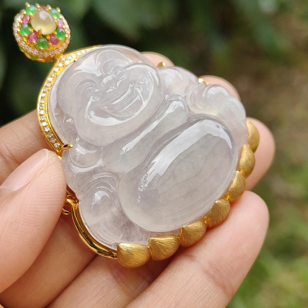 Premium Icy Translucent Natural Type A Jadeite Jade crafted as Milo Buddha set on 18k gold with diamonds as Pendant, certificate weighs 26.07 grams, measurement 38.8 * 40 * 7.2 mm, (18kp41)