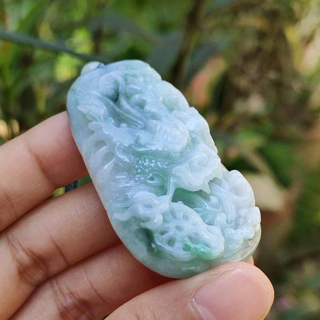 Blueish Green Natural Type A Jadeite Pendant Necklace crafted with Dragon and Fengshui Wheel, with GIC approved certificate weigh 39.57 grams, 58 * 29.8 * 12.6 mm, suitable for daily wear (pendant61)